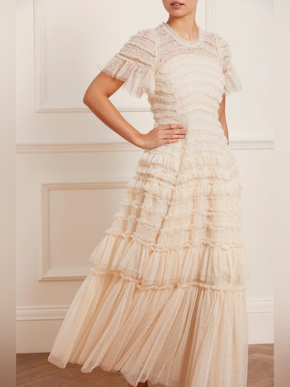 Needle & Thread Valentine Ruffle Gown dress cream maxi sz 4